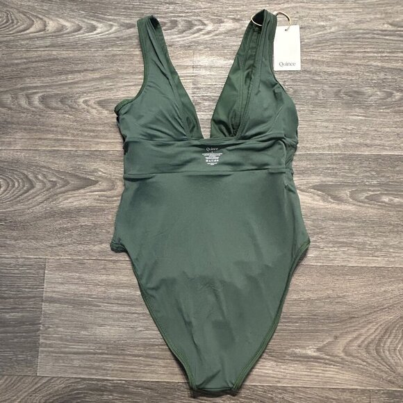 NWT Quince Small Italian Plunge One Piece Swimsuit Green Palm Swim Bathing Suit - Picture 9 of 10